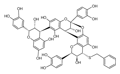 (2R,3S,4S,8S,14R,15R)-4-(benzylthio)-2,8-bis(3,4-dihydroxyphenyl)-12-((2R,3R,4S)-2-(3,4-dihydroxyphenyl)-3,5,7-trihydroxychroman-4-yl)-3,4-dihydro-2H,14H-8,14-methanobenzo[7,8][1,3]dioxocino[4,5-h]chromene-3,5,11,13,15-pentaol结构式