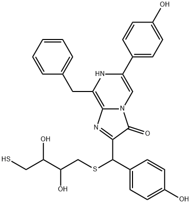 Imidazo[1,2-a]pyrazin-3(7H)-one,2-[[(2,3-dihydroxy-4-mercaptobutyl)thio](4-hydroxyphenyl)methyl]-6-(4-hydroxyphenyl)-8-(phenylmethyl)- structure