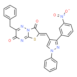 (2Z)-6-benzyl-2-{[3-(3-nitrophenyl)-1-phenyl-1H-pyrazol-4-yl]methylidene}-7H-[1,3]thiazolo[3,2-b][1,2,4]triazine-3,7(2H)-dione structure