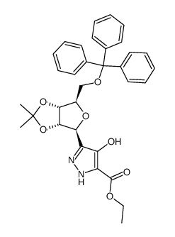 ethyl 4-hydroxy-3-(2',3'-O-isopropylidene-5'-O-trityl-β-D-ribofuranosyl)pyrazole-5-carboxylate结构式