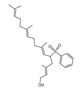 (2E,6E,10E)-3,7,11,15-tetramethyl-5-(phenylsulfonyl)hexadeca-2,6,10,14-tetraen-1-ol结构式