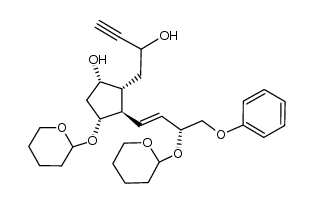 1-[5α-hydroxy-2β-[(E)-4-phenoxy-3α-tetrahydropyran-2-yloxy-1-butenyl]-3α-tetrahydropyran-2-yloxycyclopent-1α-yl]but-3-yn-2-ol结构式