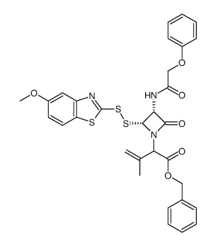 benzyl 2-((2R,3R)-2-((5-methoxybenzo[d]thiazol-2-yl)disulfanyl)-4-oxo-3-(2-phenoxyacetamido)azetidin-1-yl)-3-methylbut-3-enoate structure