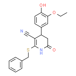 2-(benzylthio)-4-(3-ethoxy-4-hydroxyphenyl)-6-oxo-1,4,5,6-tetrahydropyridine-3-carbonitrile structure