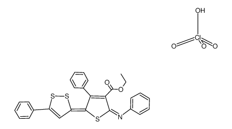 4-Phenyl-5-[5-phenyl-[1,2]dithiol-(3E)-ylidene]-2-[(E)-phenylimino]-2,5-dihydro-thiophene-3-carboxylic acid ethyl ester; compound with perchloric acid结构式