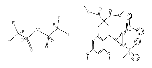 [(gold(I))2(PPh3)2C(CH2)CH(CH2C(COOMe)2CH2)C6H2(OMe)2]NTf2结构式