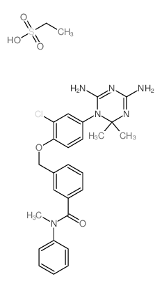 3-[[2-chloro-4-(4,6-diamino-2,2-dimethyl-1,3,5-triazin-1-yl)phenoxy]methyl]-N-methyl-N-phenyl-benzamide; ethanesulfonic acid structure