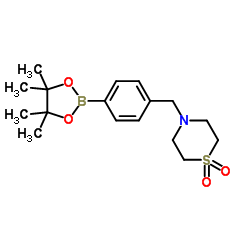4-[4-(4,4,5,5-四甲基[1,3,2]二氧硼杂环戊烷-2-基)苄基]硫代吗啉 1,1-二氧化物结构式