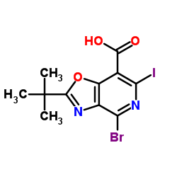 4-Bromo-6-iodo-2-(2-methyl-2-propanyl)[1,3]oxazolo[4,5-c]pyridine-7-carboxylic acid Structure