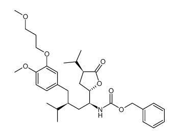 {(1S,3S)-1-((2S,4S)-4-isopropyl-5-oxo-furanidin-2-yl)-3-[4-methoxy-3-(3-methoxy-propoxy)-benzyl]-4-methyl-pentyl}-carbamic acid benzyl ester Structure
