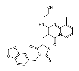 3-(1,3-benzodioxol-5-ylmethyl)-5-[[2-(2-hydroxyethylamino)-9-methyl-4-oxopyrido[1,2-a]pyrimidin-3-yl]methylidene]-2-sulfanylidene-1,3-thiazolidin-4-one结构式