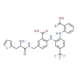 Benzoic acid,5-[[[(2S)-2-amino-1-oxo-3-(2-thienyl)propyl]amino]methyl]-2-[[2-[(2-carboxyphenyl)amino]-5-(trifluoromethyl)phenyl]amino]- structure