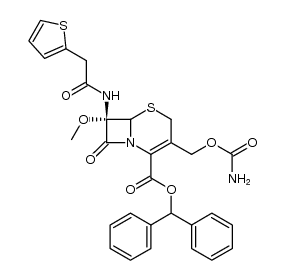 (6R)-3-carbamoyloxymethyl-7c-methoxy-8-oxo-7t-(2-thiophen-2-yl-acetylamino)-(6rH)-5-thia-1-aza-bicyclo[4.2.0]oct-2-ene-2-carboxylic acid benzhydryl ester Structure