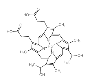 Mercurate(2-),[7,12-bis(1-hydroxyethyl)-3,8,13,17-tetramethyl-21H,23H-porphine-2,18-dipropanoato(4-)-kN21,kN22,kN23,kN24]-, disodium, (SP-4-2)- (9CI) structure