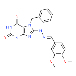 (E)-7-benzyl-8-(2-(3,4-dimethoxybenzylidene)hydrazinyl)-3-methyl-3,7-dihydro-1H-purine-2,6-dione Structure