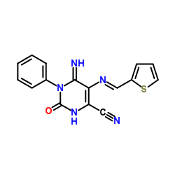 6-Imino-2-oxo-1-phenyl-5-[(E)-(2-thienylmethylene)amino]-1,2,3,6-tetrahydro-4-pyrimidinecarbonitrile结构式