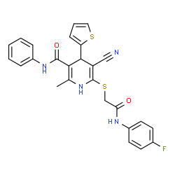 5-cyano-6-((2-((4-fluorophenyl)amino)-2-oxoethyl)thio)-2-methyl-N-phenyl-4-(thiophen-2-yl)-1,4-dihydropyridine-3-carboxamide结构式