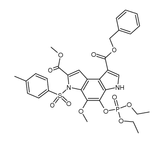 benzyl 3,6-dihydro-4-((diethoxyphosphinyl)oxy)-5-methoxy-7-(methoxycarbonyl)-6-((4-methylphenyl)sulfonyl)benzo[1,2-b:4,3-b']dipyrrole-1-carboxylate结构式