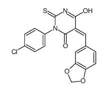 (5E)-5-(1,3-benzodioxol-5-ylmethylidene)-1-(4-chlorophenyl)-2-sulfanylidene-1,3-diazinane-4,6-dione Structure