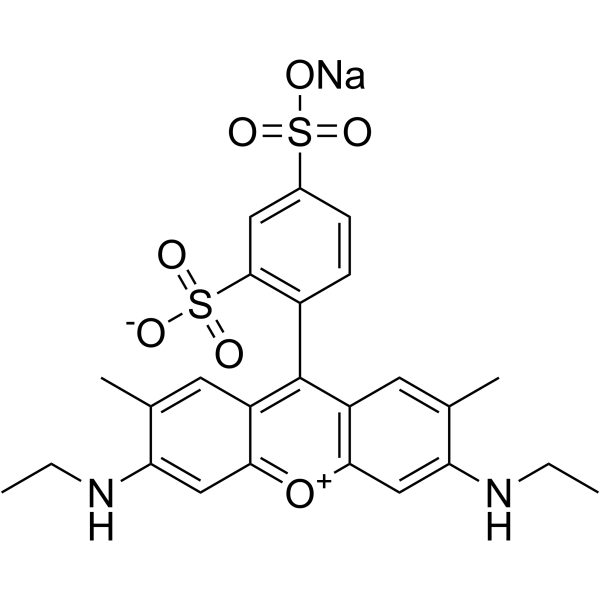 hydrogen 9-(2,4-disulphonatophenyl)-3,6-bis(ethylamino)-2,7-dimethylxanthylium, monosodium salt structure