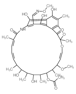 2,7-(Epoxypentadeca(1,11,13)trienimino)naphtho(2,1-b)furan-1,11(2H)-dione, 3-formyl-5,6,9,17,19,21-hexahydroxy-23-methoxy-2,4,12,16,18,20,22-heptamethyl-, 21-acetate, O-methyloxime Structure