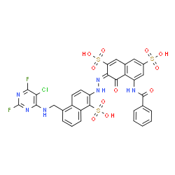 5-(benzoylamino)-3-[[5-[[(5-chloro-2,6-difluoro-4-pyrimidinyl)amino]methyl]-1-sulpho-2-naphthyl]azo]-4-hydroxynaphthalene-2,7-disulphonic acid Structure