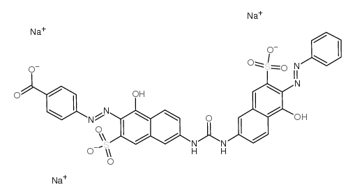 trisodium 4-[[1-hydroxy-6-[[[[5-hydroxy-6-(phenylazo)-7-sulphonato-2-naphthyl]amino]carbonyl]amino]-3-sulphonato-2-naphthyl]azo]benzoate structure