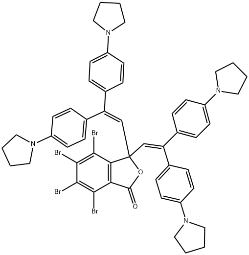 3,3-Bis[2,2-bis[4-(1-pyrrolidinyl)phenyl]vinyl]-4,5,6,7-tetrabromophthalide结构式