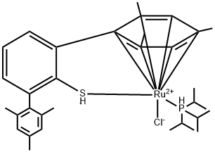 [(1,2,3,4,5,6-η)-2,2'',4,4'',6,6''-六甲基[1,1':3',1''-三联苯]-2'-巯基-κS][三异丙基膦-κP]氯化钌(II)结构式