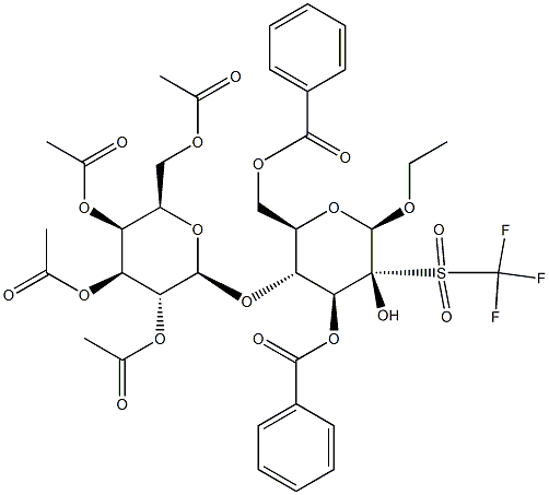 乙基 4-O-(2,3,4,6-四-O-乙酰基-BETA-D-吡喃半乳糖基)-BETA-D-吡喃甘露糖苷 3,6-二苯甲酸酯 2-(1,1,1-三氟甲烷磺酸酯)结构式