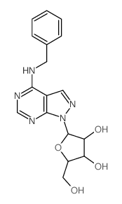 2-[5-(benzylamino)-2,4,8,9-tetrazabicyclo[4.3.0]nona-1,3,5,7-tetraen-9-yl]-5-(hydroxymethyl)oxolane-3,4-diol structure