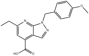 6-乙基-1-[(4-甲氧基苯基)甲基]-1H-吡唑并[3,4-B]吡啶-4-羧酸结构式