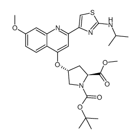 (2S,4R)-4-[2-(2-Isopropylamino-thiazol-4-yl)-7-methoxy-quinolin-4-yloxy]-pyrrolidine-1,2-dicarboxylic acid 1-tert-butyl ester 2-methyl ester Structure