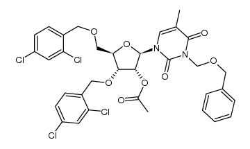 1-[2'-O-Acetyl-3',5'-bis-O-(2,4-dichlorobenzyl)-β-D-ribofuranosyl]-3-[(benzyloxy)methyl]thymin Structure