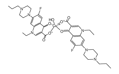 aquabis(1-ethyl-6-fluoro-1,4-dihydro-4-oxo-7-(4-propyl-1-piperazinyl)-3-quinolinecarboxylate)copper(II) Structure