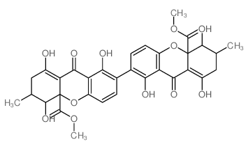 [7,7'-Bi-4aH-xanthene]-4a,4'a-dicarboxylicacid,2,2',3,3',4,4',9,9'-octahydro-1,1',4,4',8,8'-hexahydroxy-3,3'-dimethyl-9,9'-dioxo-,4a,4'a-dimethyl ester, (3S,3'S,4R,4'R,4aR,4'aR)-结构式