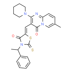 (Z)-5-((7-methyl-4-oxo-2-(piperidin-1-yl)-4H-pyrido[1,2-a]pyrimidin-3-yl)methylene)-3-(1-phenylethyl)-2-thioxothiazolidin-4-one structure