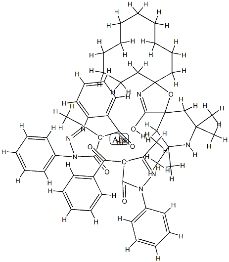 bis(4-benzoyl-2,4-dihydro-5-methyl-2-phenyl-3H-pyrazol-3-onato-O,O')(2,2,4,4-tetramethyl-7-oxa-3,20-diazadispiro[5.1.11.2]henicosan-21-one-O21)nickel结构式