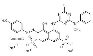 trisodium 5-[[4-chloro-6-(methylphenylamino)-1,3,5-triazin-2-yl]amino]-4-hydroxy-3-[(4-methyl-2-sulphonatophenyl)azo]naphthalene-2,7-disulphonate结构式