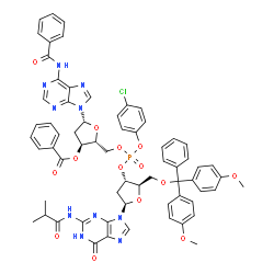 N-benzoyl-3'-O-benzoyl-P-(4-chlorophenyl)-2'-deoxyadenylyl-(5'→3')-5'-O-[bis(4-methoxyphenyl)phenylmethyl]-2'-deoxy-N-(2-methyl-1-oxopropyl)guanosine结构式