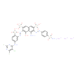 trisodium 4-amino-3-[[4-(aminosulphonyl)phenyl]azo]-6-[[5-[(5-chloro-2,6-difluoro-4-pyrimidinyl)amino]-2-sulphonatophenyl]azo]-5-hydroxynaphthalene-2,7-disulphonate structure