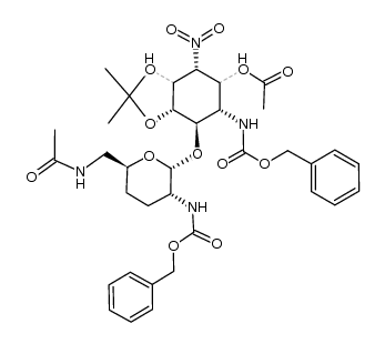 (4R,6S,7R,7aS)-7-(((2R,3R,6S)-6-(acetamidomethyl)-3-(((benzyloxy)carbonyl)amino)tetrahydro-2H-pyran-2-yl)oxy)-6-(((benzyloxy)carbonyl)amino)-2,2-dimethyl-4-nitrohexahydrobenzo[d][1,3]dioxol-5-yl acetate Structure