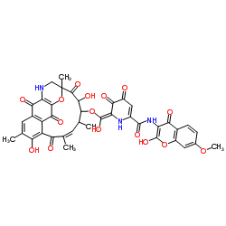 (6E)-6-[{[(10Z)-7,14-Dihydroxy-6,10,12,16-tetramethyl-2,9,15,21-tetraoxo-20-oxa-18-azatetracyclo[14.3.1.14,19.03,8]henicosa-1(19),3,5,7,10-pentaen-13-yl]oxy}(hydroxy)methylene]-N-(2-hydroxy-7-methoxy-4-oxo-4H-chromen-3-yl)-4,5-dioxo-1,4,5,6-tetrahydro-2-pyridinecarboxamide结构式