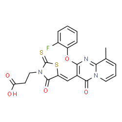 3-[(5Z)-5-{[2-(2-fluorophenoxy)-9-methyl-4-oxo-4H-pyrido[1,2-a]pyrimidin-3-yl]methylidene}-4-oxo-2-thioxo-1,3-thiazolidin-3-yl]propanoic acid structure