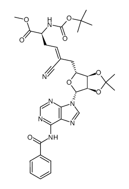 9-(methyl 9(S)-(((tert-butyloxy)carbonyl)amino)-6-cyano-5,6,7,8,9-pentadeoxy-2,3-O-isopropylidene-β-D-ribo-deca-6-enofuranosyluronate)-adenine Structure