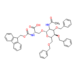 (2S)-3-({(2S,5R)-3-Acetamido-4,5-bis(benzyloxy)-6-[(benzyloxy)methyl]tetrahydro-2H-pyran-2-yl}oxy)-2-{[(9H-fluoren-9-ylmethoxy)carbonyl]amino}propanoic acid (non-preferred name) structure