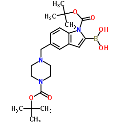 1H-Indole-1-carboxylic acid, 2-borono-5-[[4-[(1,1-dimethylethoxy)carbonyl]-1-piperazinyl]methyl]-, 1-(1,1-dimethylethyl) ester Structure