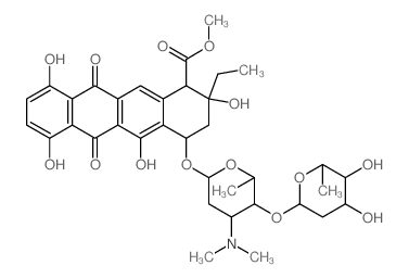 1-Naphthacenecarboxylicacid,2-ethyl-1,2,3,4,6,11-hexahydro-2,5,7,10-tetrahydroxy-6,11-dioxo-4-[[2,3,6-trideoxy-4-O-(2,6-dideoxy-a-L-lyxo-hexopyranosyl)-3-(dimethylamino)-a-L-lyxo-hexopyranosyl]oxy]-,m结构式