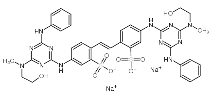 Benzenesulfonic acid,2,2'-(1,2-ethenediyl)bis[5-[[4-[(2-hydroxyethyl)methylamino]-6-(phenylamino)-1,3,5-triazin-2-yl]amino]-,sodium salt (1:2) Structure