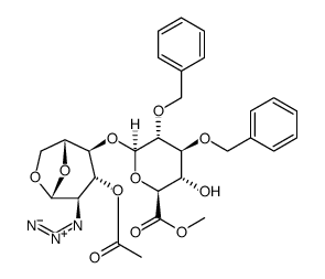 β-D-Glucopyranose, 1,6-anhydro-2-azido-2-deoxy-4-O-[6-methyl-2,3-bis-O-(phenylmethyl)-β-D-glucopyranuronosyl]-, 3-acetate结构式